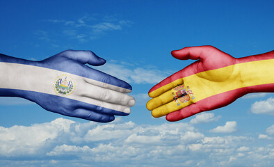 Spain and Salvador country handshaking with flags, consensus concept international co-operation illustration