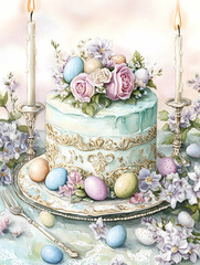 Fototapeta premium watercolor postcard features a centerpiece Easter cake, intricately decorated with floral designs and delicate edible eggs. 
