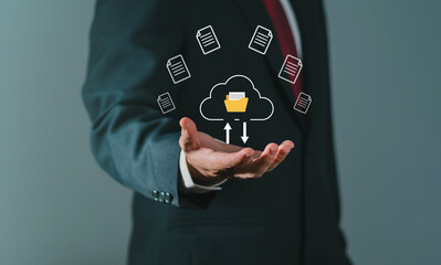 Database file management concept, document management, cloud file storage, online database rental service, search for important document files in the organization's database.