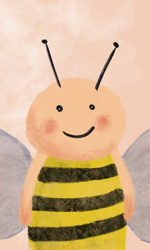Illustration of a cute bee with stripes and wings.