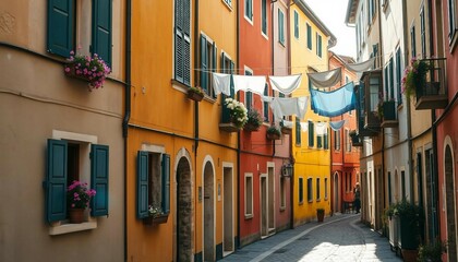 Fototapeta premium Tourist street with Italian-style houses featuring laundry on lines, full of charm.