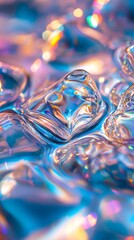 A close-up of iridescent liquid flowing in an organic shape, reflecting rainbow colors on the surface