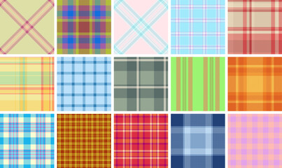 Plaid fabric patterns in vibrant checks, perfect for textile, clothing, or rustic wallpaper designs with a Scottish touch.