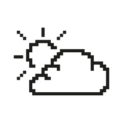 Partly Cloudy Icon In Pixel Art. Pixelated Cloud and Sun Symbol for Weather Forecast. Isolated Vector Illustration