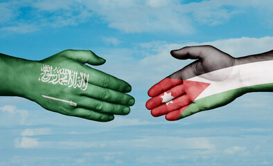 Jordan and Saudi Arabia country handshaking with flags, consensus concept international co-operation illustration