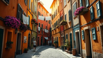 Obraz premium Tourist street with Italian-style houses featuring laundry on lines, full of charm.