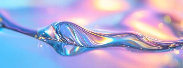 A close-up of iridescent liquid flowing in an organic shape, reflecting rainbow colors on the surface
