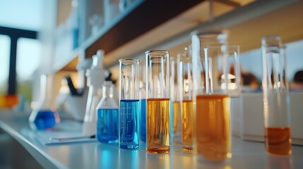 Close-up of Glass Test Tubes with Blue and Yellow Liquids on a Laboratory Countertop