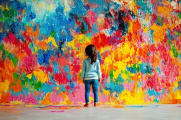 Fototapeta premium Joyful Child Explores Colorful Wall of Art