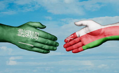 Oman and Saudi Arabia country handshaking with flags, consensus concept international co-operation illustration