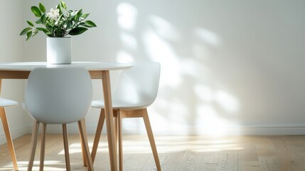 Minimalist Dining Space, elegant table and chairs arranged in a clean, simple environment, emphasizing open space and understated design for a serene dining experience