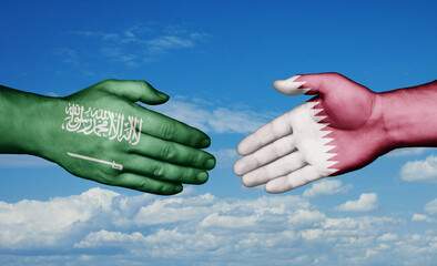 Qatar and Saudi Arabia country handshaking with flags, consensus concept international co-operation illustration
