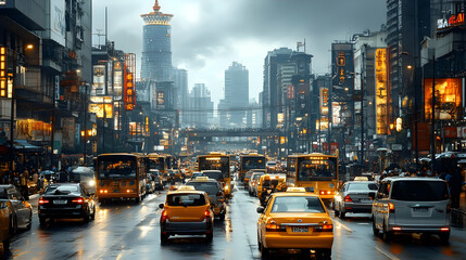 Naklejka premium Cityscape with Traffic and Skyscrapers in the Rain