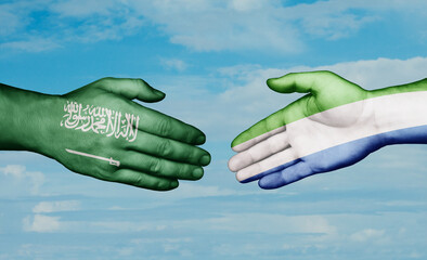 Sierra Leone or Salone and Saudi Arabia country handshaking with flags, consensus concept international co-operation illustration