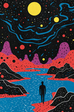 Colorful illustration of a man standing near a river and looking at a starry night sky full of planets