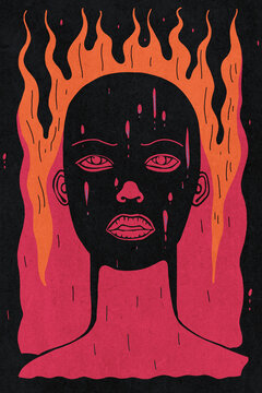 Illustration of a person with flames around their head, symbolizing emotional pain, heartbreak and mental health issues