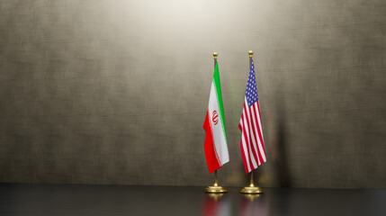 Iran and United States flags on table. Negotiation between USA and Iran. on background. 3D work and...