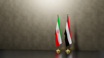 Iran and Yemen flags on table. Negotiation between Yemen and Iran. on background. 3D work and 3D...