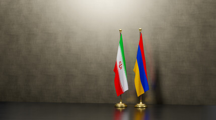 Iran and Armenia flags on table. Negotiation between Armenia and Iran. on background. 3D work and...