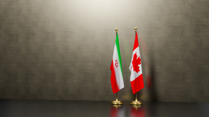 Iran and Canada flags on table. Negotiation between Canada and Iran. on background. 3D work and 3D...