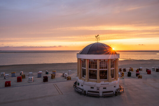 Music pavilion at sunset on the island of Borkum, Lower Saxony, Germany.