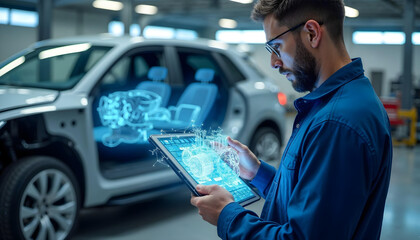 Futuristic Automotive Repair with Digital Diagnostics and Holographic Car Models – High-Tech Mechanic in Modern Workshop