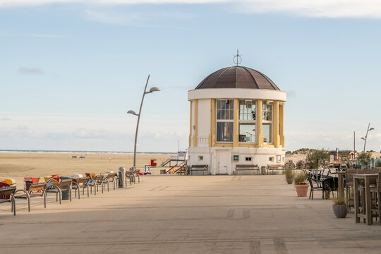 Music pavilion on the Island of Borkum in Lower Saxony, Germany, with empty promenade.