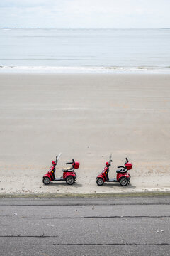 Electromobiles parked at the beach in Borkum, Lower Saxony.