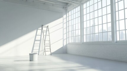 Obraz premium A white room with a ladder leaning against the wall and a bucket on the floor