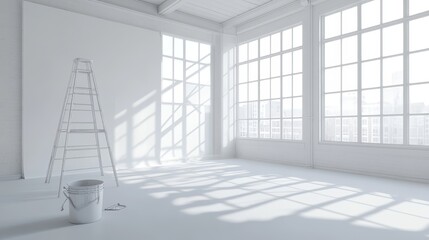 Fototapeta premium A white room with a ladder leaning against the wall and a bucket on the floor