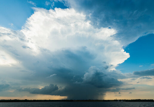 Raincloud over the Frisian lake district, the Netherlands, nobody.