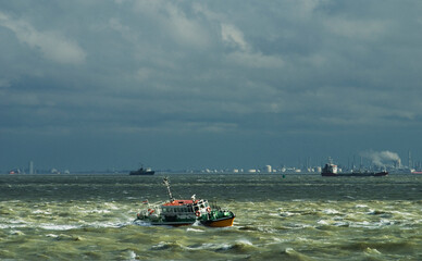 Pilot boat sailing in rough seas, Netherlands