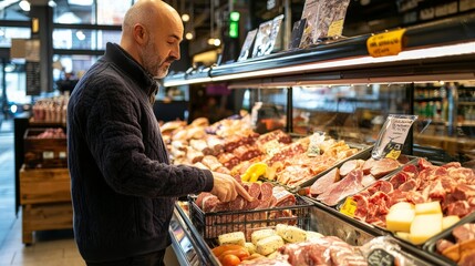 A man standing at the deli counter in a supermarket during the afternoon, choosing meats and cheeses, with the cart half-filled with essentials for the week