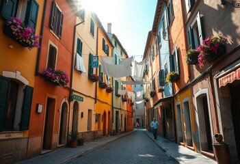 Fototapeta premium Tourist street with Italian-style houses featuring laundry on lines, full of charm.