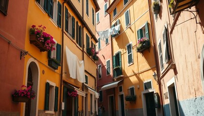  Tourist street with Italian-style houses featuring laundry on lines, full of charm.