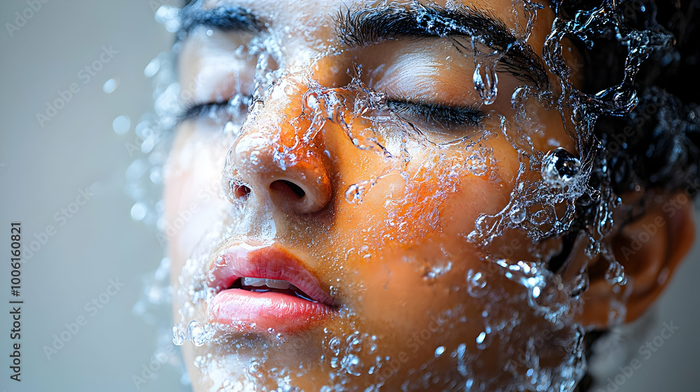 Poster Water Droplets Splashing on Face, Close-up