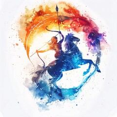 This striking watercolor artwork captures the essence of Sagittarius with dynamic colors and fluid forms on a white canvas