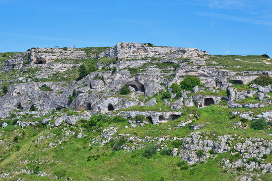 Ancient rock formations and caves in Matera, Basilicata, Italy.