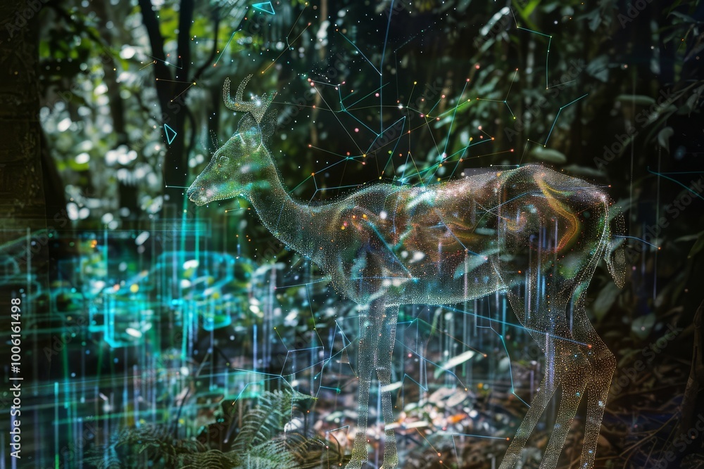 Poster a mystical deer weaves through a dense, vibrant forest bathed in ethereal light and shimmering digit