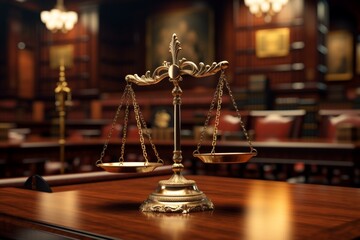 Elegant Golden Scales of Justice on Wooden Desk in Courtroom