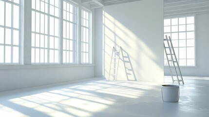 A white room with a ladder leaning against the wall and a bucket on the floor