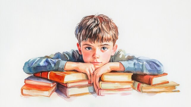 Young Boy with Books Watercolor Illustration. Book Lovers Day