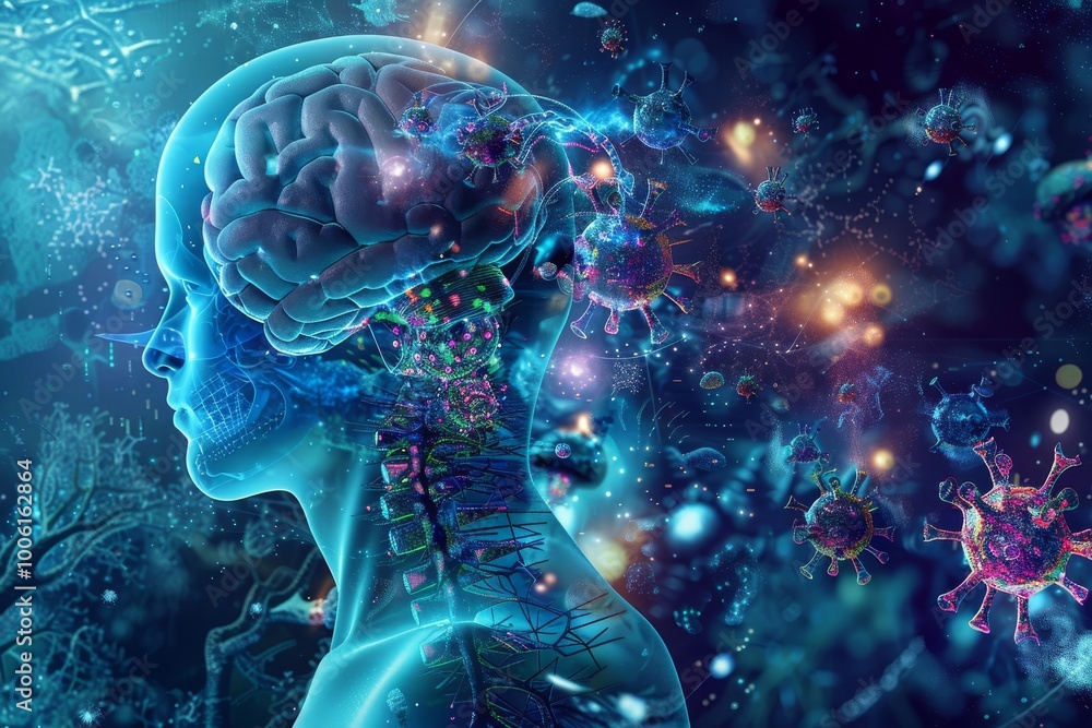 Poster exploring the connection between brain activity and viral interactions in a vibrant digital universe