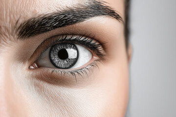 Naklejka premium close up of human eye showcasing striking gray iris details and well defined eyelashes, reflecting sense of curiosity and depth