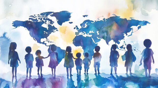 Watercolor Painting of People Uniting Across a World Map. World Humanitarian Day