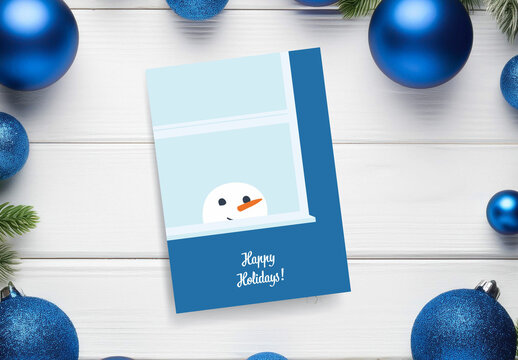 Christmas Card Template with Snowman in Window