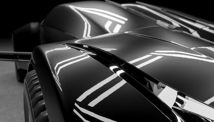 3D rendering of a sleek, black, futuristic car design with reflective geometric patterns.