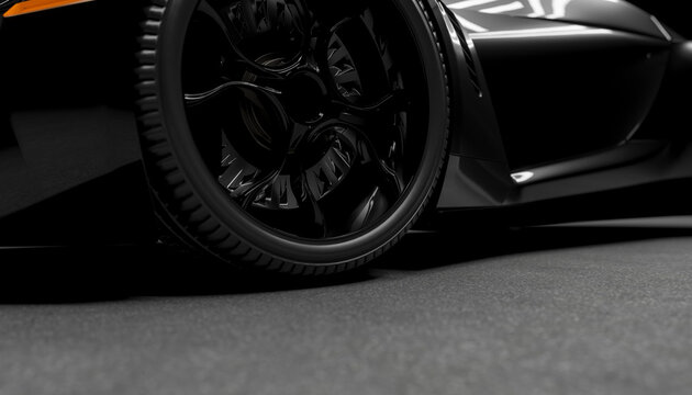Close-up of a black sports car wheel and tire in a 3D rendering.