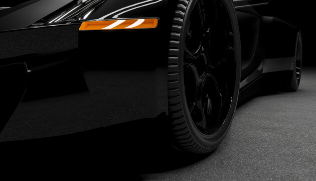 Close-up of a black luxury sports car on the road in a dark setting, 3D rendering.