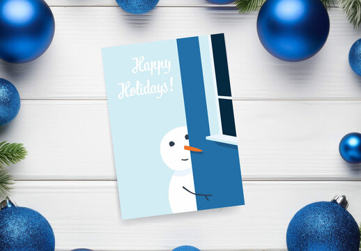 Christmas Card Template with Snowman Just Around Corner